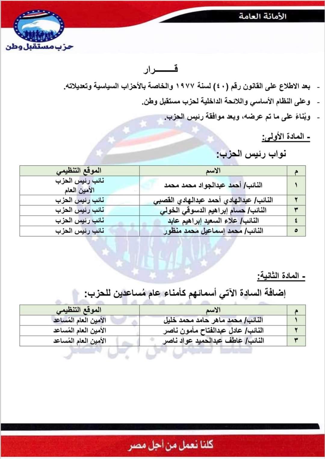 القرارات التنظيمية لحزب مستقبل وطن