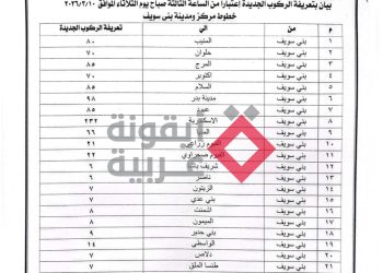تعريفة الركوب الجديدة ببني سويف